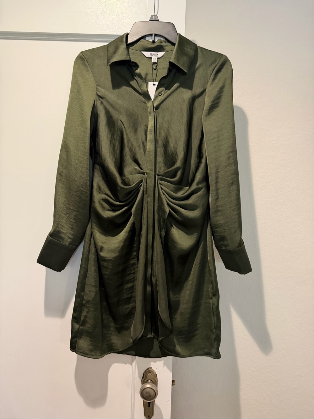 BB Dakota Olive Green Draped Button-Front Dress